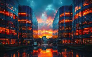 Betrachtung von Sonnenuntergang im Pfütze im Vorderseite von modern Büro Gebäude foto