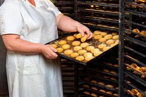 Bäckerei Produktion im Arbeiter Hände. köstlich Gebäck Backen Produkte. foto