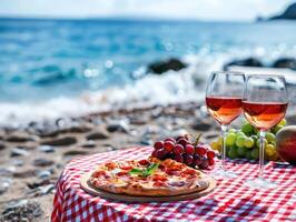 Picknick auf das Strand beim Sonnenuntergang mit ein Verbreitung von frisch Früchte, Peperoni Pizza, und rot Wein. romantisch Sommer- Essen, Essen, und Wein Verkostung Konzept mit Strand Sicht. ai Generation foto
