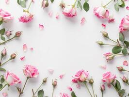 Rosa Rosen mit Knospen und Grün Blätter vereinbart worden im Rahmen auf Weiß Hintergrund mit Kopieren Raum, Blumen- eben legen mit leeren Raum. Hochzeit und romantisch Konzepte. ai Generation. foto