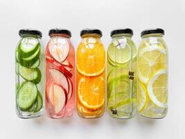 Obst und Gemüse Entgiftung Getränke im Glas Flaschen auf Weiß Hintergrund. horizontal Linie oben mit Kopieren Raum. natürlich infundiert Wasser Vielfalt Konzept zum gesund Lebensstil. foto