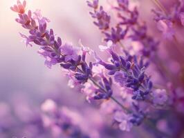 Makro Schuss von zart Lavendel Blüten mit Tau Tropfen, Sanft Fokus, und lila Dunst zum Gruß Karte Design. Aromatherapie und natürlich Kosmetika Konzept mit Raum zum Text. ai Generation foto