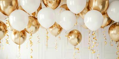 Weiß und Gold Luftballons mit Bänder hängend zum Feier Dekoration auf Weiß Hintergrund. Party und Feier Konzept zum Einladung Design. ai Generation. foto