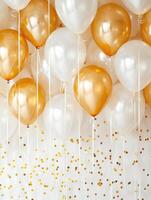 festlich Anordnung von Weiß Luftballons mit golden Konfetti und Gold Luftballons mit Bänder auf Weiß Hintergrund. Feier Konzept. zum Gruß Karte und Party Einladung Design. ai foto