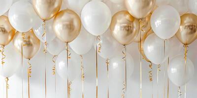 Weiß und Gold Luftballons mit Bänder hängend zum Feier Dekoration auf Weiß Hintergrund. Party und Feier Konzept zum Einladung Design. ai Generation. foto