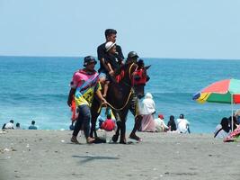 Kebumen, zentral Java, Indonesien April 11, 2024 Menschen genießen Ferien Reiten ein Pferd während hell Tageslicht beim ambal Strand. Sommer- Familie Tourist Stelle mit Ozean Welle Hintergrund. foto