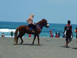 Kebumen, zentral Java, Indonesien April 11, 2024 Menschen genießen Ferien Reiten ein Pferd während hell Tageslicht beim ambal Strand. Sommer- Familie Tourist Stelle mit Ozean Welle Hintergrund. foto