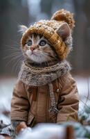 süß wenig Kätzchen tragen gestrickt Hut und warm Mantel foto