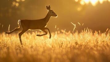 spielerisch Reh, ein zart Hirsch Silhouette springen durch ein Feld foto