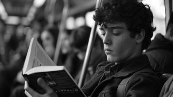 pendeln Begleiter, ein jung Mann sitzt auf ein überfüllt Zug, hat verloren im das Seiten von ein Buch foto