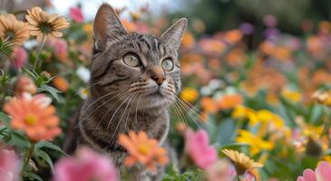 ein Katze steht unter beschwingt Blumen im ein Garten foto