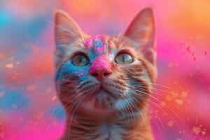 ein Nahansicht Aussicht von ein Katze mit auffällig Blau Augen, holi Festival von Farben foto