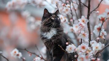 ein schwarz Katze sitzt unter Weiß Blumen im ein Baum mit verschwommen Bewegung foto