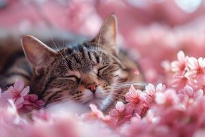 ein Katze friedlich Nickerchen machen auf ein Bett von beschwingt Rosa Blumen foto