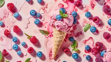 ein Eis Sahne Kegel geschmückt mit Blaubeeren, Himbeeren, und Minze einstellen gegen ein beschwingt Hintergrund, Portion wie ein Darstellung von ein cool und fruchtig Sommer- behandeln. foto