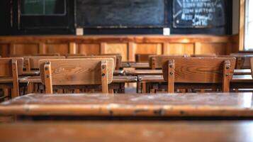 leeren Klassenzimmer. zurück zu Schule Konzept im hoch Schule. Klassenzimmer Innere Jahrgang hölzern Vorlesung hölzern Stühle und Schreibtische. studieren Lektionen im sekundär Bildung. foto