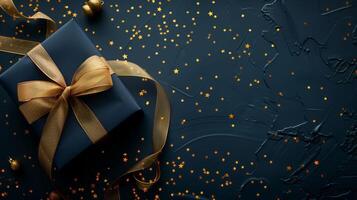 dunkel Blau Geschenk Box mit elegant Gold Band auf dunkel Hintergrund. Gruß Geschenk mit Kopieren Raum zum Weihnachten gegenwärtig, Urlaub oder Geburtstag foto