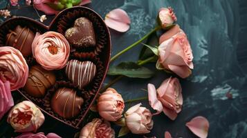 Luxus Valentinstag Pralinen im Herz geformt Geschenk Box und zärtlich Blumen. foto