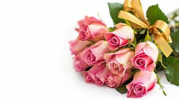 Strauß von bunt Rosa Rosen dekoriert mit golden seidig Band Krawatte isoliert auf Weiß Hintergrund mit Kopieren Raum, Konzept von Geburtstag, Valentinstag, Weihnachten, Stolz, Mutter Tag Feier foto