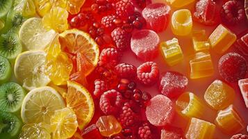diese Nahansicht Aussicht Vitrinen ein Vielfalt von anders farbig Süßigkeiten, jeder Sprengung mit köstlich Obst Aromen. foto