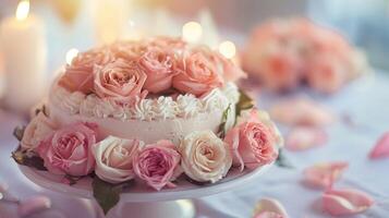 Hochzeit Kuchen mit Rosen auf das Tisch. flach Tiefe von Feld. foto