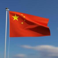 China Flagge ist winken im Vorderseite von ein Blau Himmel mit verschwommen Wolken im das Hintergrund foto