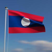 Laos Flagge ist winken im Vorderseite von ein Blau Himmel mit verschwommen Wolken im das Hintergrund foto