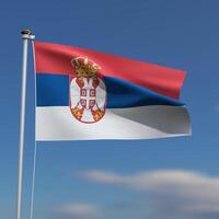 Serbien Flagge ist winken im Vorderseite von ein Blau Himmel mit verschwommen Wolken im das Hintergrund foto