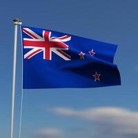 Neu Neuseeland Flagge ist winken im Vorderseite von ein Blau Himmel mit verschwommen Wolken im das Hintergrund foto