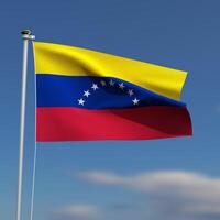 Venezuela Flagge ist winken im Vorderseite von ein Blau Himmel mit verschwommen Wolken im das Hintergrund foto