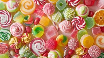 Stapel von Vielfalt von köstlich Süßigkeiten, Grün Süßigkeiten, Lutscher und Süßigkeiten. foto