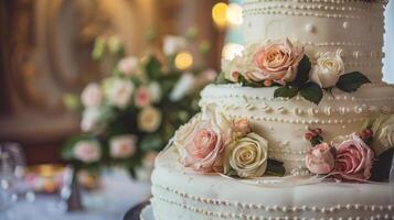 Hochzeit Kuchen mit Rosen auf das Tisch. flach Tiefe von Feld. foto