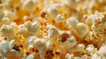 Gourmet Popcorn beim Kino, Nahansicht von butterartig Textur, Film Nacht essentiell. foto