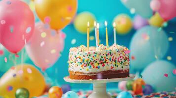 Geburtstag Party Luftballons, bunt Luftballons Hintergrund und Geburtstag Kuchen mit Kerzen. foto