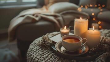 Einzelheiten von ein immer noch Leben im ein Zuhause Leben Zimmer. ein Portion Teller mit ein Tasse von Tee und Kerzen. lesen und nehmen ein Nickerchen. gemütlich Haus. foto