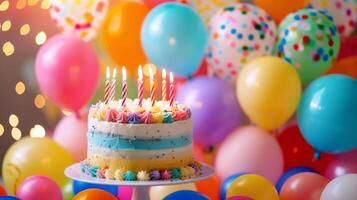 Geburtstag Party Luftballons, bunt Luftballons Hintergrund und Geburtstag Kuchen mit Kerzen. foto