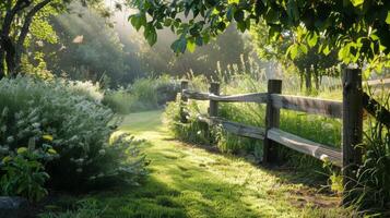 heiter Garten Szene mit sonnendurchflutet hölzern Zaun und üppig Grün im früh Morgen foto