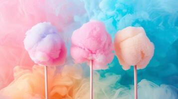 bunt Baumwolle Süßigkeiten im Sanft Pastell- Farbe Hintergrund. foto