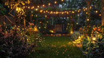 Abend Garten mit festlich Beleuchtung. foto