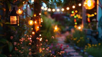 Abend Garten mit festlich Beleuchtung. foto