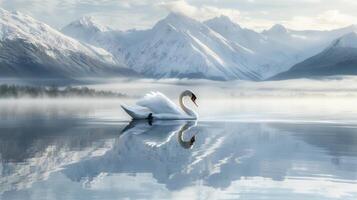 majestätisch Schwan anmutig gleiten auf still Wasser mit schneebedeckt Berg Angebot im das Hintergrund. foto