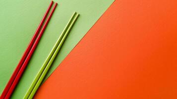 beschwingt rot und Grün Essstäbchen auf ein bunt Hintergrund, perfekt zum asiatisch Küche Konzepte. foto
