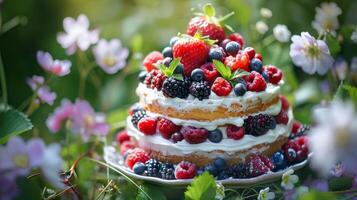 Kuchen mit Beeren im das Frühling Garten foto