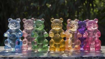bunt, durchscheinend gummiartig Bären Figur präsentieren ein strahlend Spektrum von Farbtöne foto