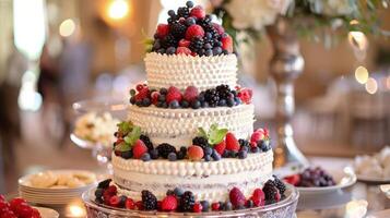 elegant Hochzeit Kuchen geschmückt mit frisch Beeren foto
