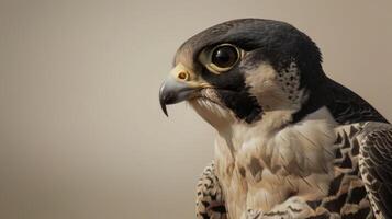 Nahansicht fotorealistisch Nikon Foto von ein australisch Wanderfalke Falke gegen ein Sahne Hintergrund