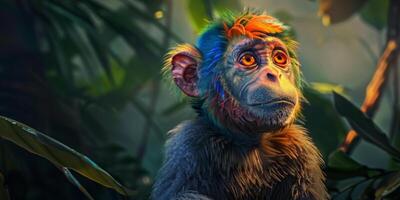 ein bunt Affe mit ein Blau und Orange Kopf ist suchen beim das Kamera foto