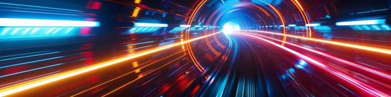 Beschleunigen durch ein Neon- Licht Tunnel im futuristisch Stil foto