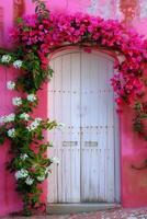 Weiß Tür dekoriert mit beschwingt Rosa Bougainvillea foto
