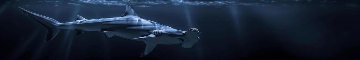 einsam Hammerkopf Hai im das Mitternacht Blau Ozean Tiefe foto